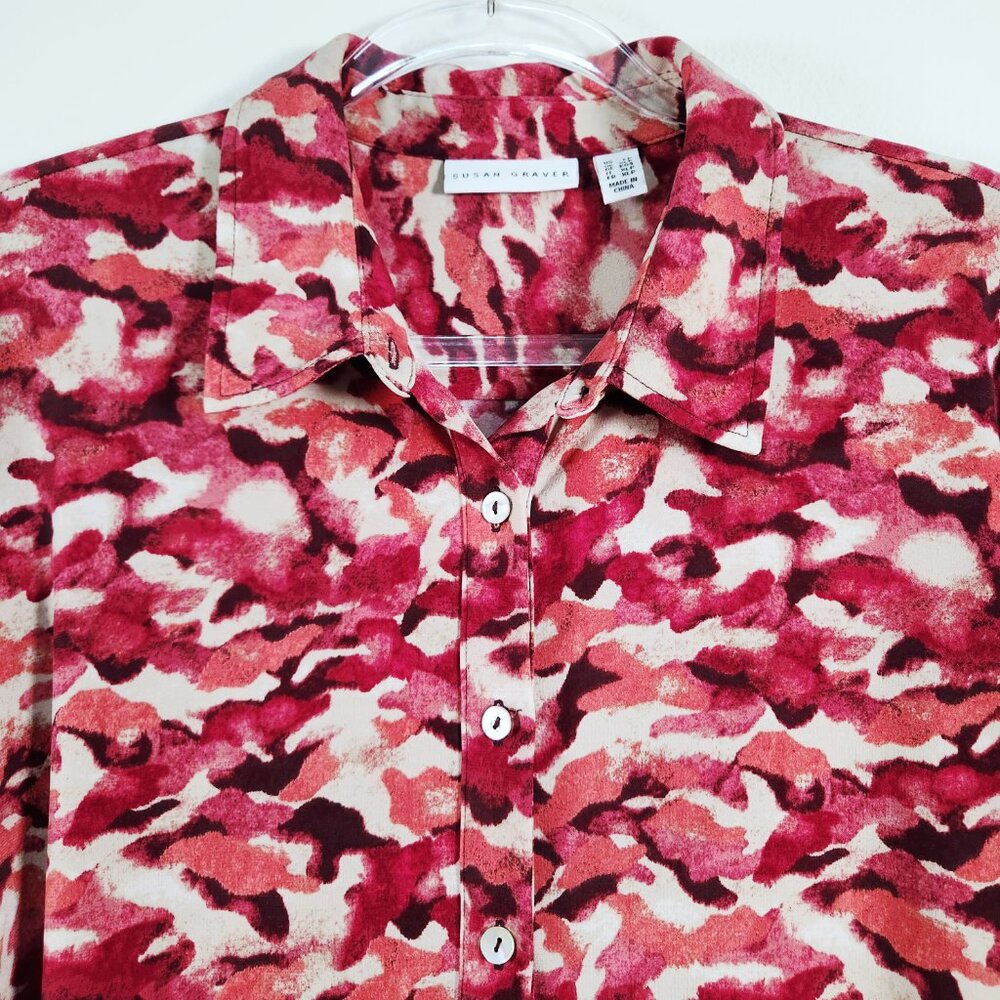 Susan Graver Liquid Knit Tunic Top Womens Petite Large Pink Camo Button Front